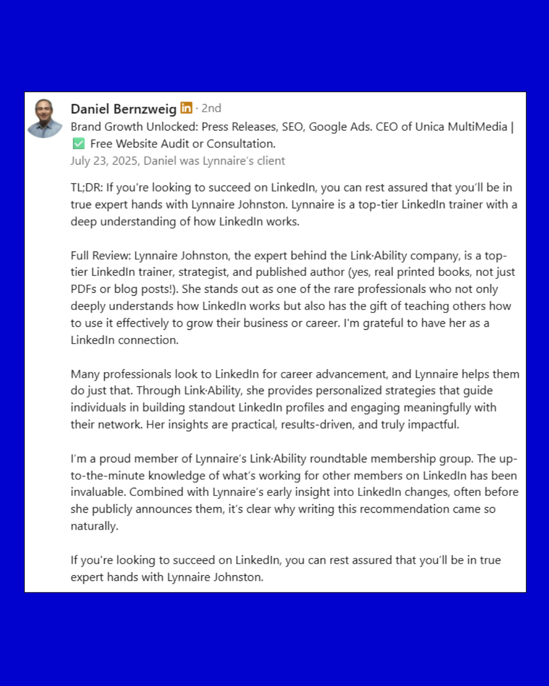 Daniel Bernweig testimonial